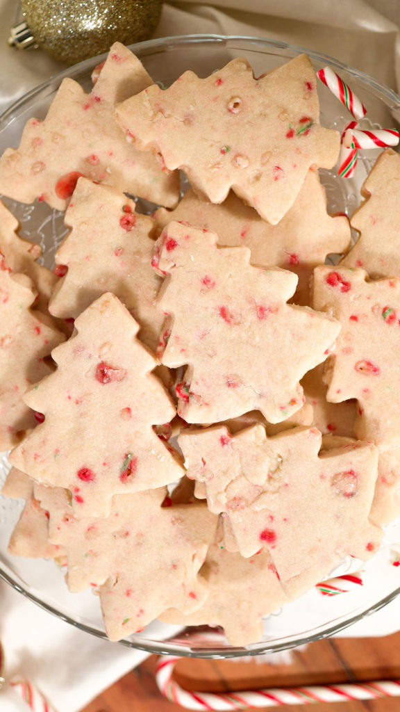 tray of tree shaped shortbread cookies