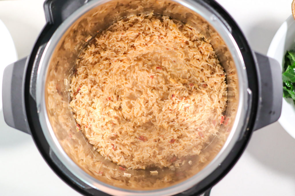 Cooked rice in a pressure cooker.