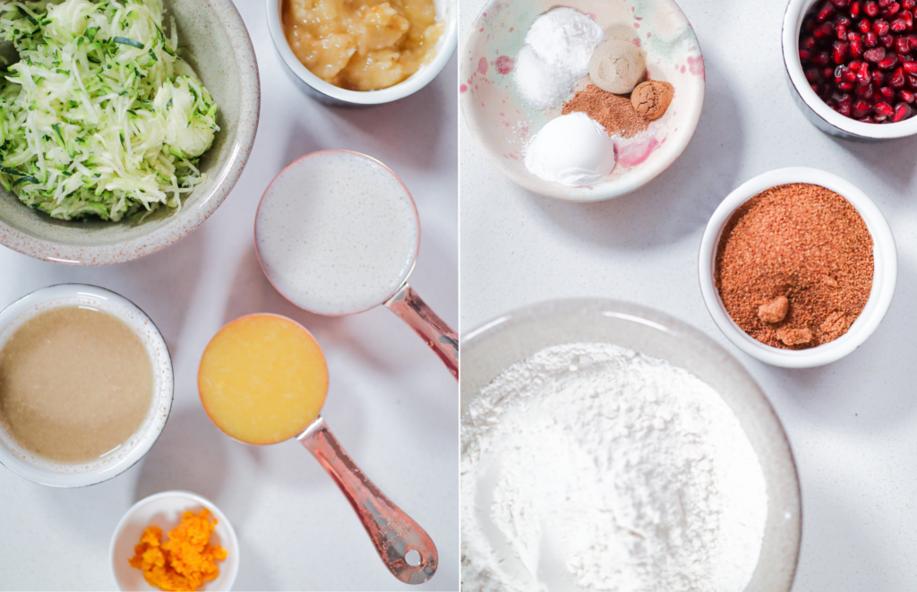 Ingredients for orange pomegranate zucchini muffins