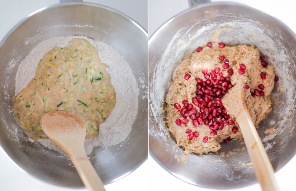 split screen images showing how to make a muffins recipe