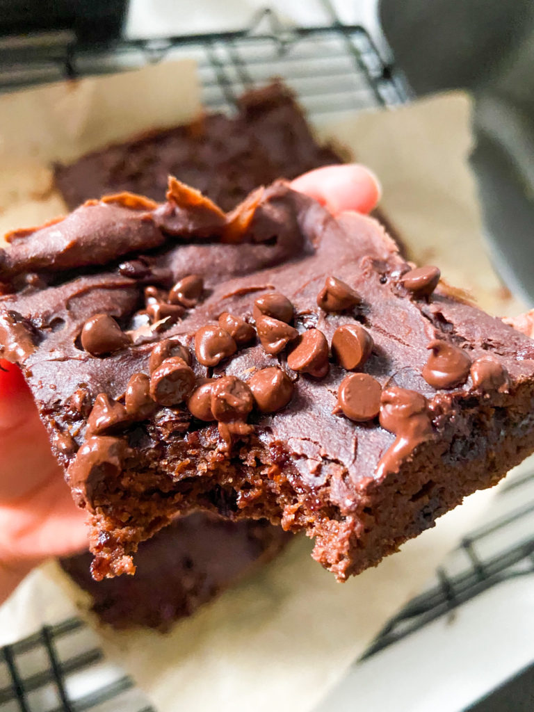 Hand holding a brownie with a bite taken out of it