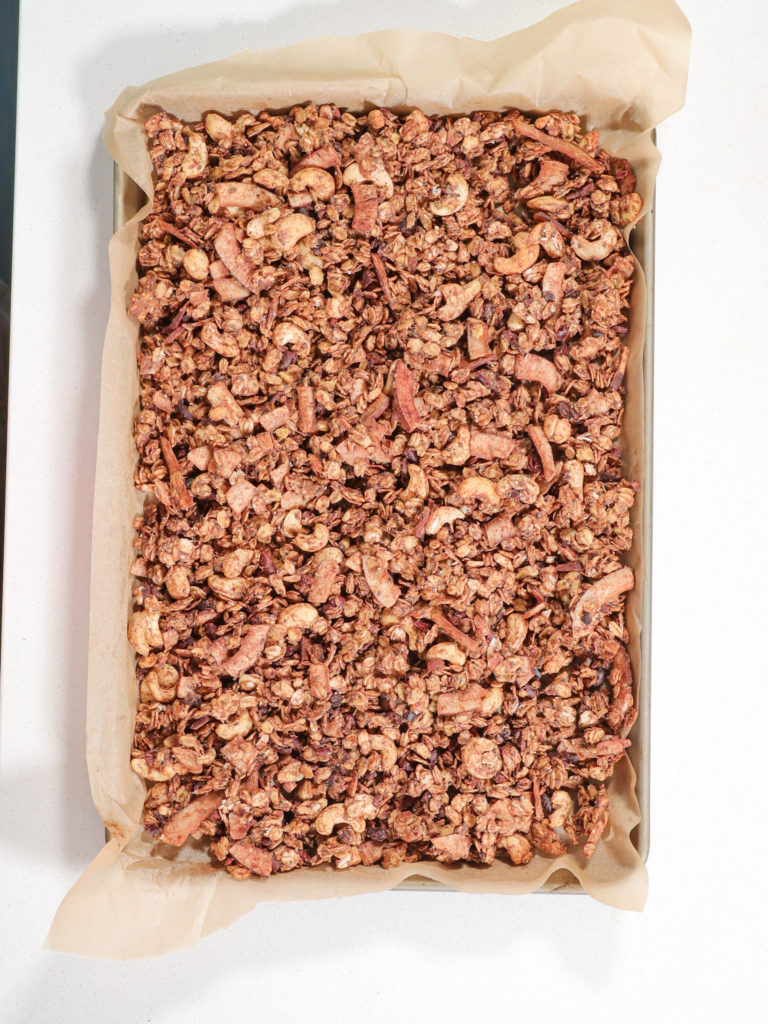 sheet pan of freshly baked granola