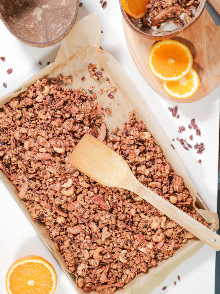 sheet pan of cacao orange granola