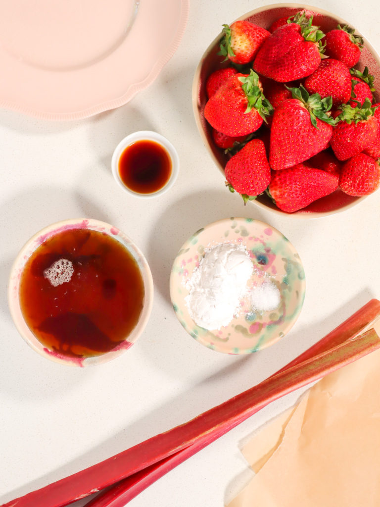 Wet ingredients for strawberry rhubarb pie