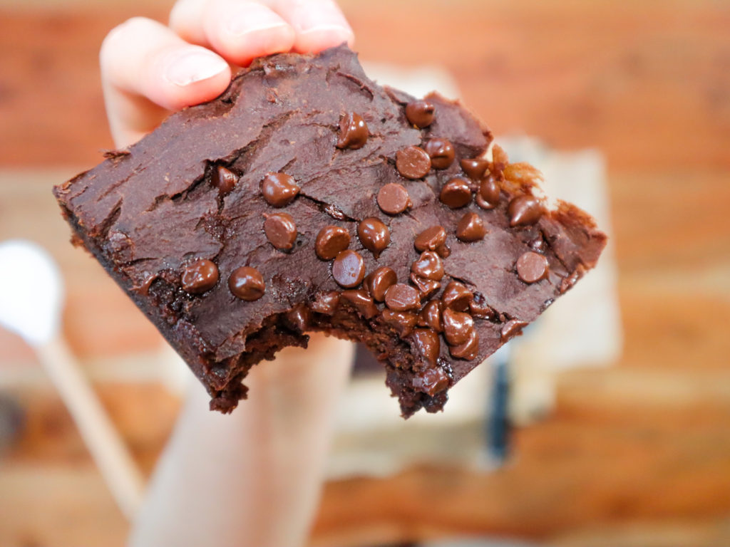 hand holding a brownie with a bite taken from it