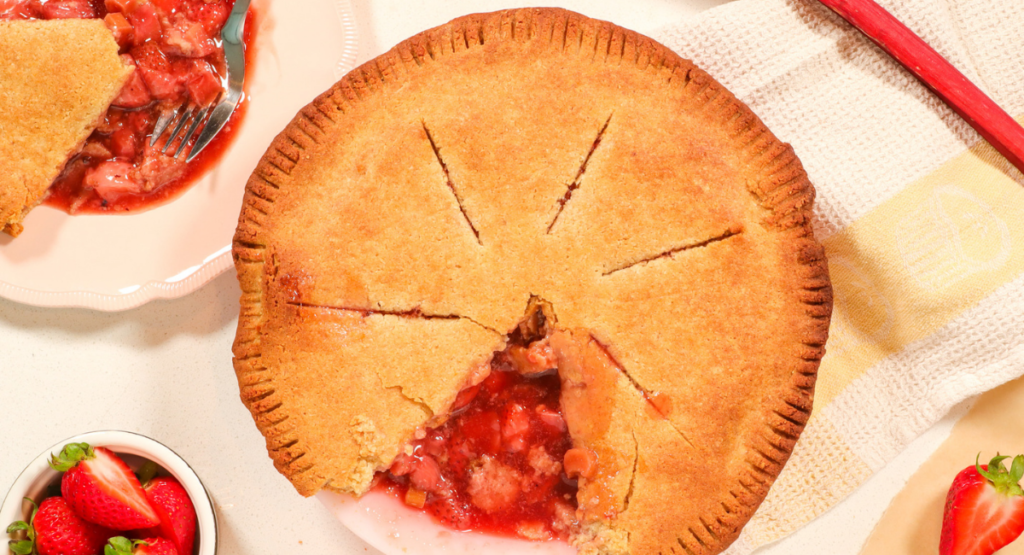 Strawberry Rhubarb Pie on a table