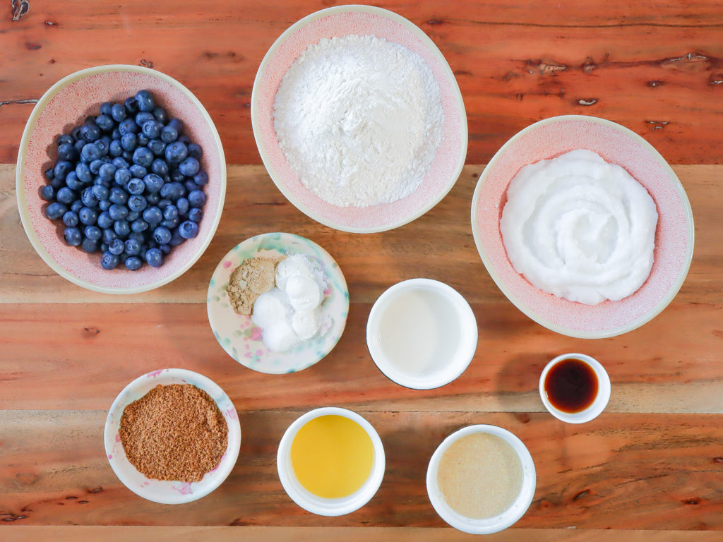 bowls of baking ingredients on a table