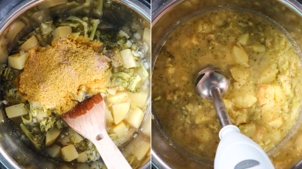 Stirring ingredients in a pot of soup; immersion blender in a pot of soup